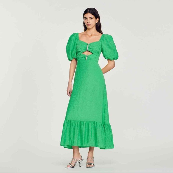 NWT Sandro Falbala Embellished Green Cutout Crepe Dress - 34 - XS - 0 - Picture 1 of 16